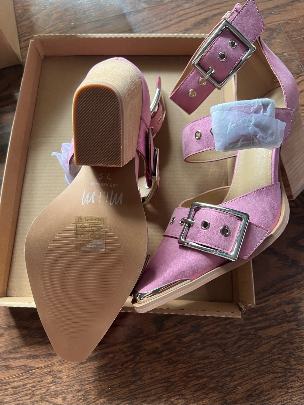 Women's Pink Buckle Low Block Heel Sandals - Picture 2 of 4